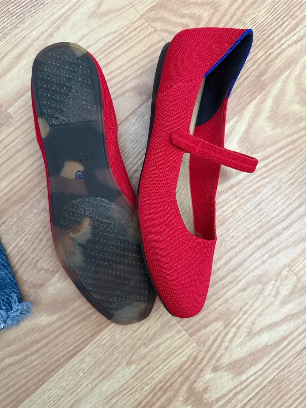 Rothy's Red Mary Jane Flats with Blue Trim
